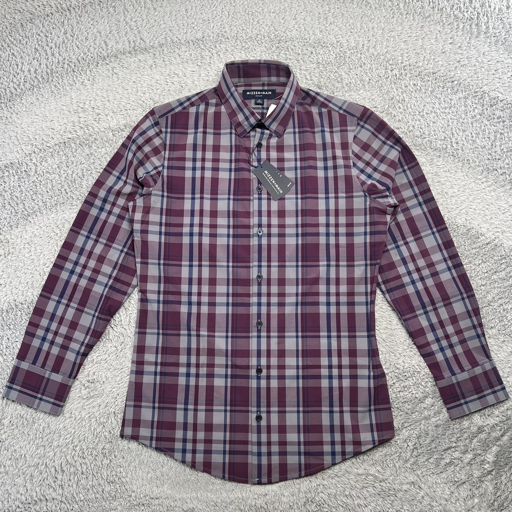 Mizzen Main Dress Shirt Mens Small Purple Plaid NWT Slim Fit Leeward Performance